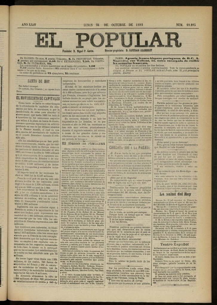 Miniatura de El Popular: diario independiente, político, literario y de noticias de interés general del 24 de octubre de 1892, nº 10285