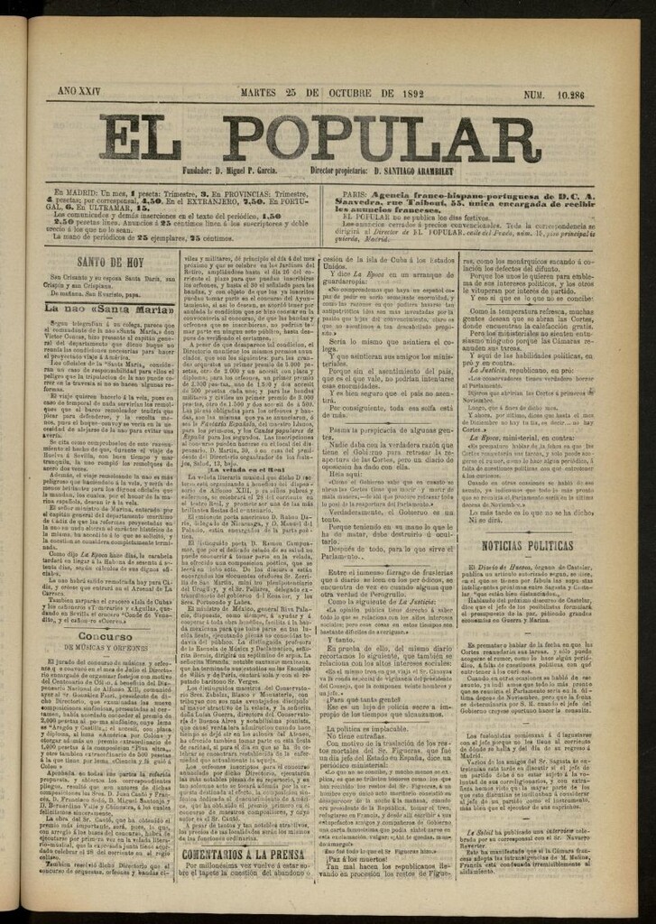 Miniatura de El Popular: diario independiente, político, literario y de noticias de interés general del 25 de octubre de 1892, nº 10286