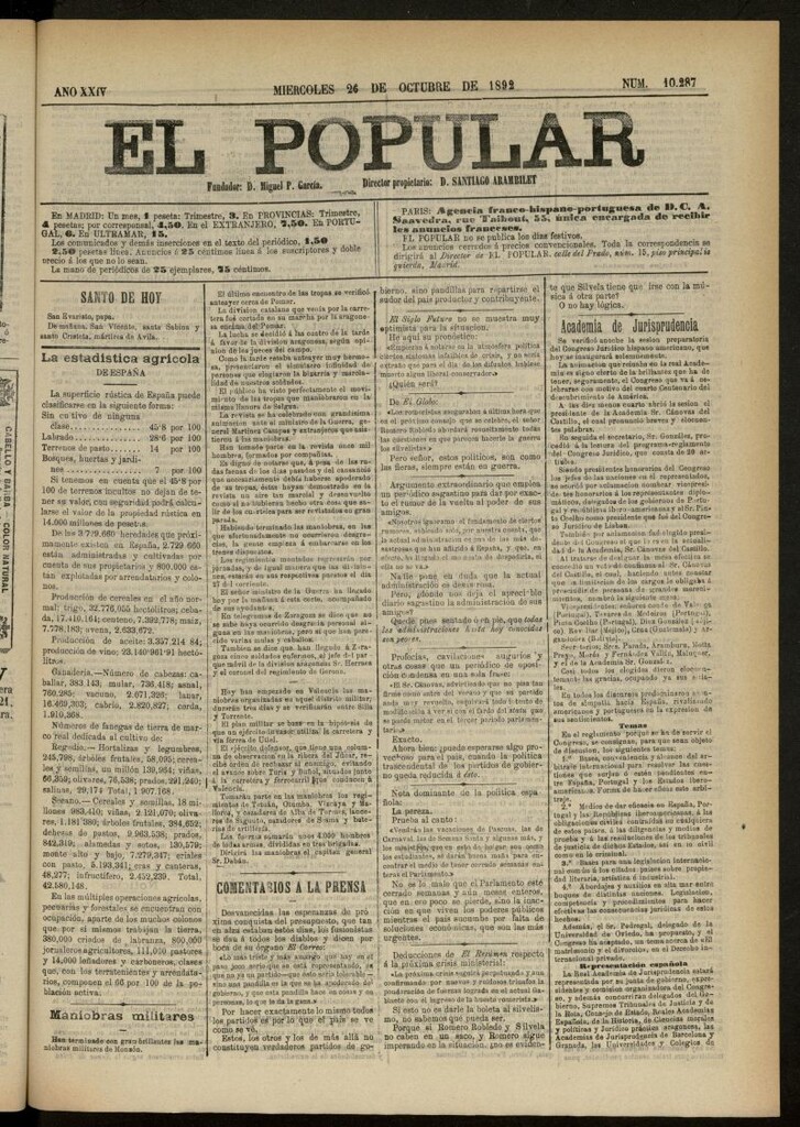 Miniatura de El Popular: diario independiente, político, literario y de noticias de interés general del 26 de octubre de 1892, nº 10287