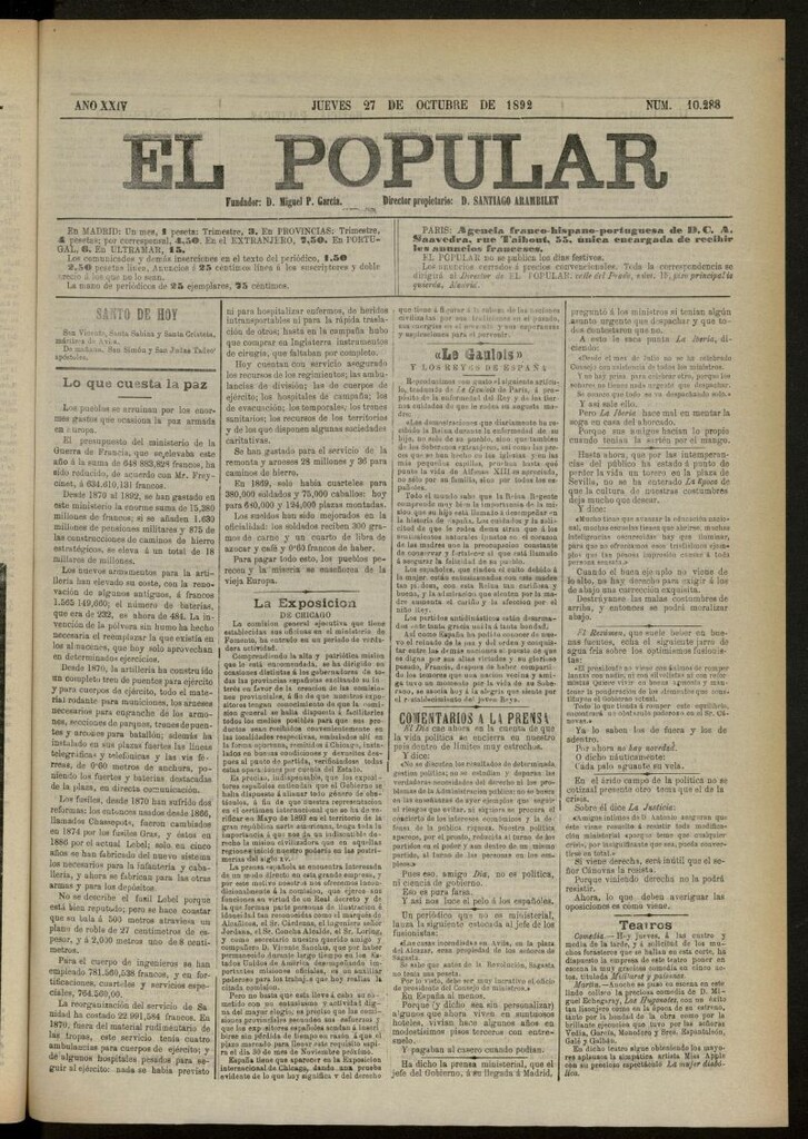 Miniatura de El Popular: diario independiente, político, literario y de noticias de interés general del 27 de octubre de 1892, nº 10288