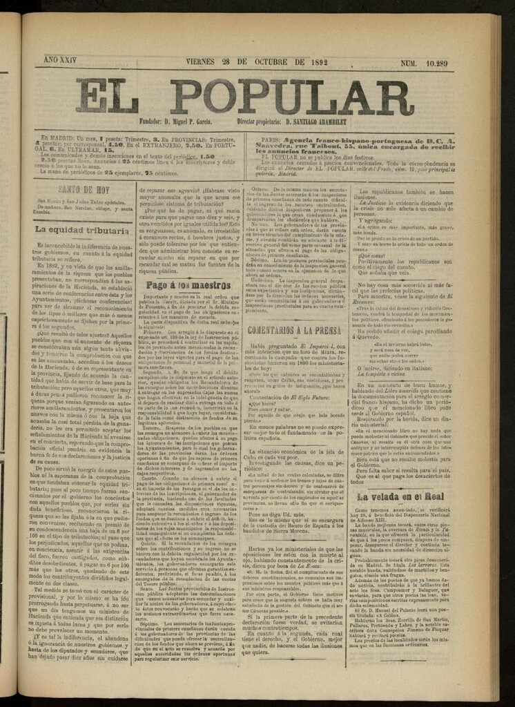 Miniatura de El Popular: diario independiente, político, literario y de noticias de interés general del 28 de octubre de 1892, nº 10289