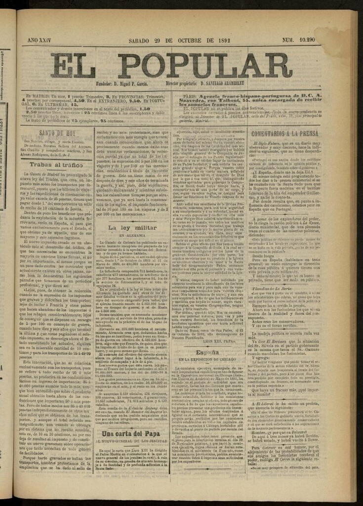 Miniatura de El Popular: diario independiente, político, literario y de noticias de interés general del 29 de octubre de 1892, nº 10290