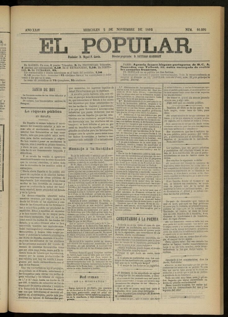 Miniatura de El Popular: diario independiente, político, literario y de noticias de interés general del 2 de noviembre de 1892, nº 10292