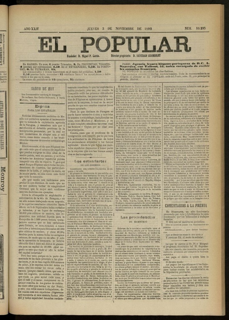 Miniatura de El Popular: diario independiente, político, literario y de noticias de interés general del 3 de noviembre de 1892, nº 10293