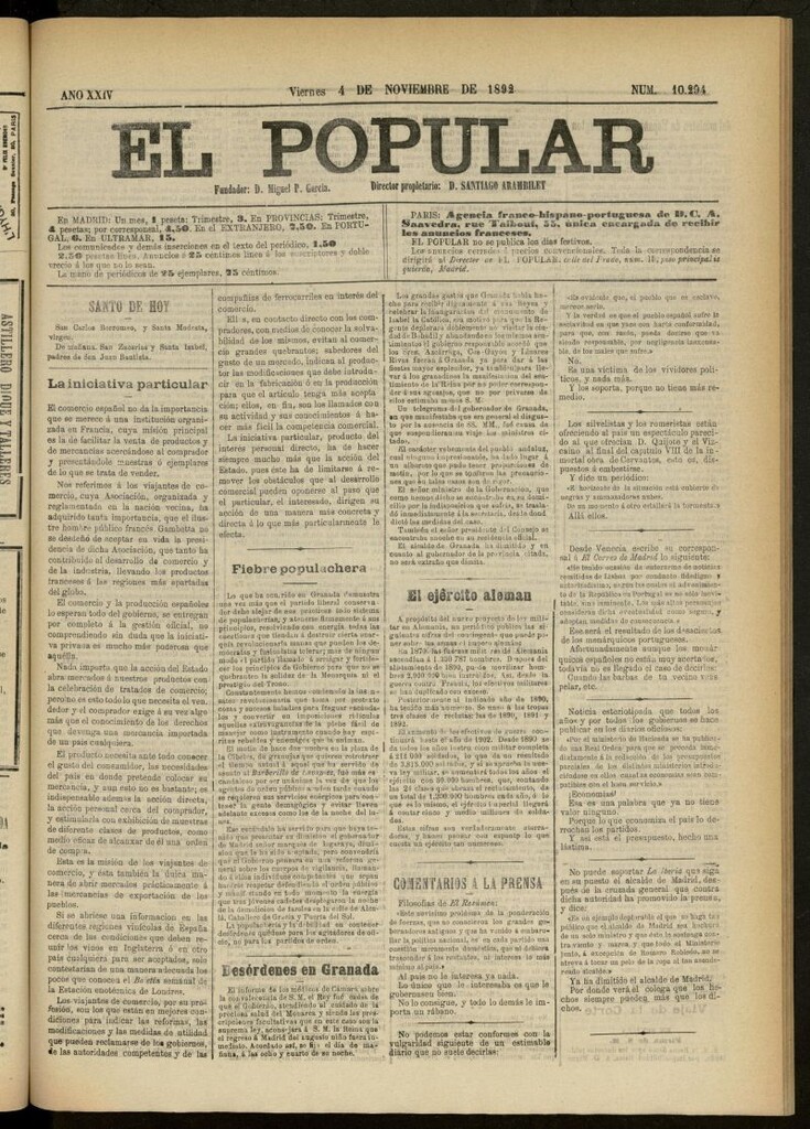 Miniatura de El Popular: diario independiente, político, literario y de noticias de interés general del 4 de noviembre de 1892, nº 10294