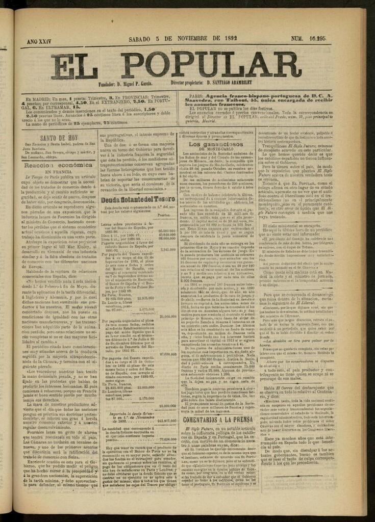 Miniatura de El Popular: diario independiente, político, literario y de noticias de interés general del 5 de noviembre de 1892, nº 10295