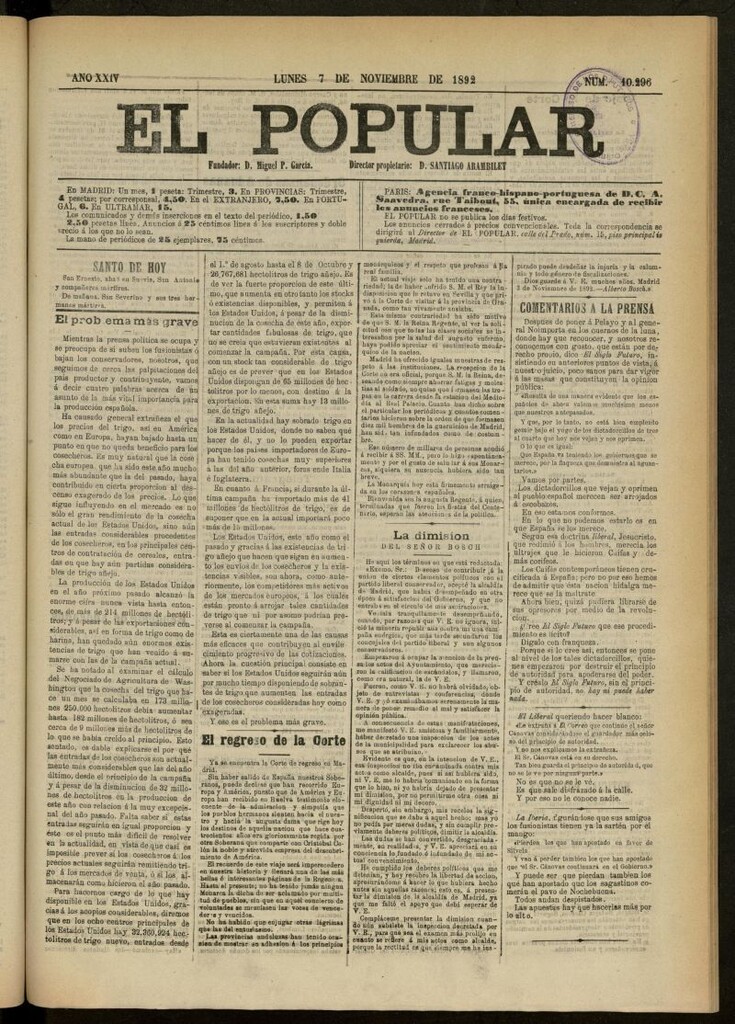 Miniatura de El Popular: diario independiente, político, literario y de noticias de interés general del 7 de noviembre de 1892, nº 10296