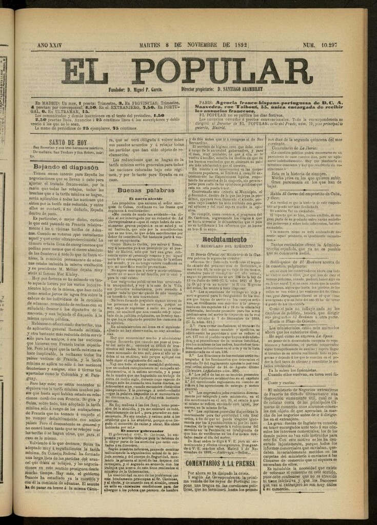 Miniatura de El Popular: diario independiente, político, literario y de noticias de interés general del 8 de noviembre de 1892, nº 10297