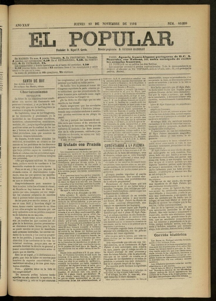 Miniatura de El Popular: diario independiente, político, literario y de noticias de interés general del 10 de noviembre de 1892, nº 10299