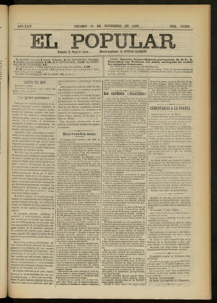 Miniatura de El Popular: diario independiente, político, literario y de noticias de interés general del 11 de noviembre de 1892, nº 10300