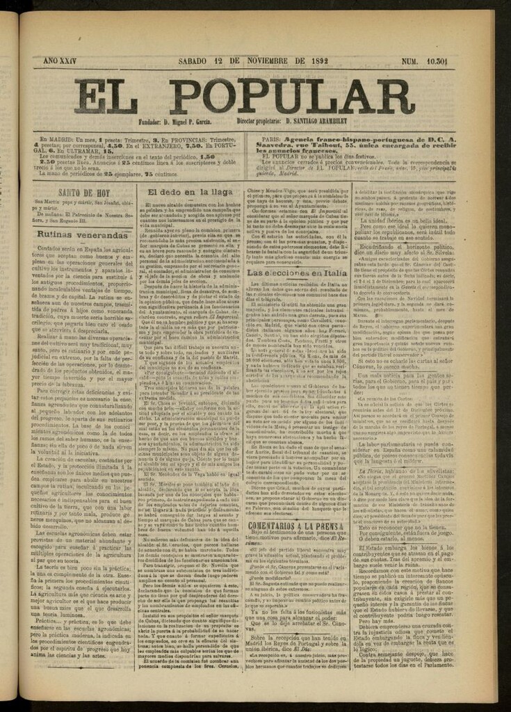 Miniatura de El Popular: diario independiente, político, literario y de noticias de interés general del 12 de noviembre de 1892, nº 10301