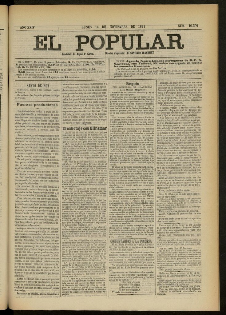 Miniatura de El Popular: diario independiente, político, literario y de noticias de interés general del 14 de noviembre de 1892, nº 10302
