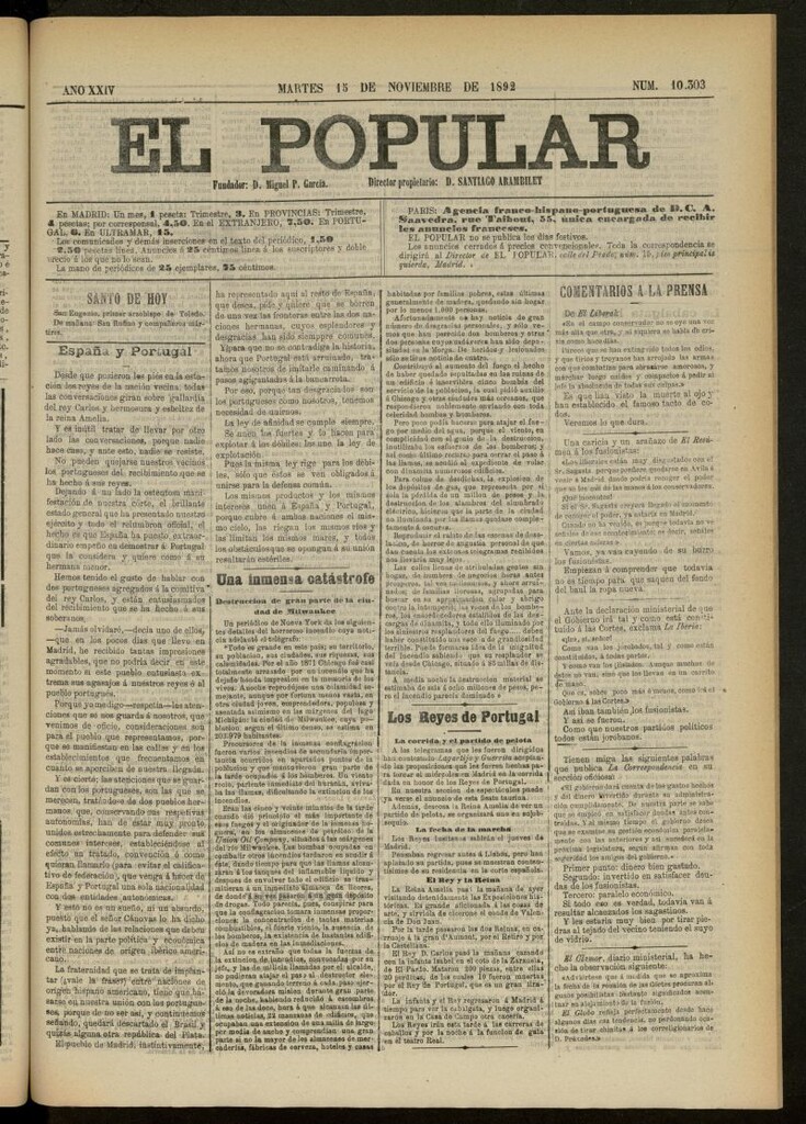 Miniatura de El Popular: diario independiente, político, literario y de noticias de interés general del 15 de noviembre de 1892, nº 10303
