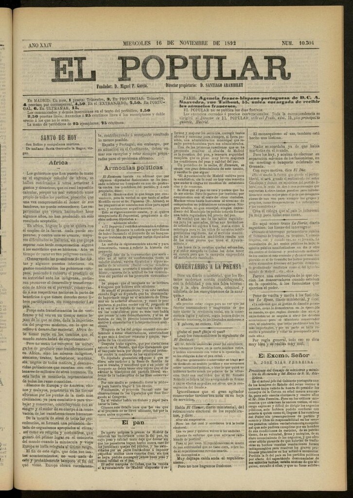 Miniatura de El Popular: diario independiente, político, literario y de noticias de interés general del 16 de noviembre de 1892, nº 10304