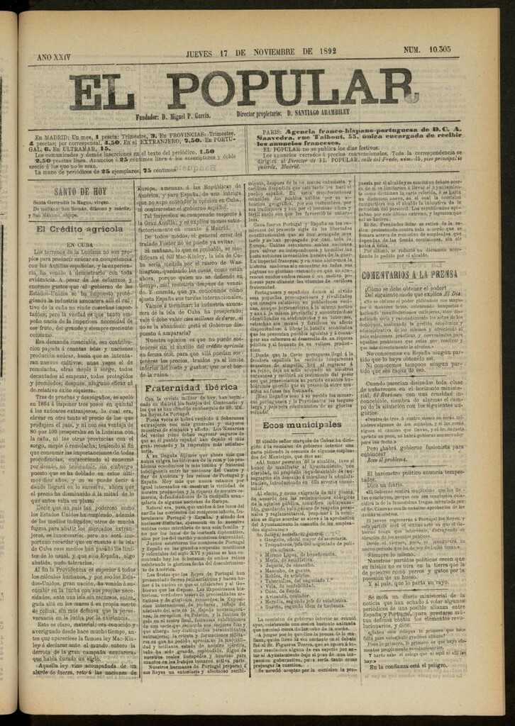 Miniatura de El Popular: diario independiente, político, literario y de noticias de interés general del 17 de noviembre de 1892, nº 10305