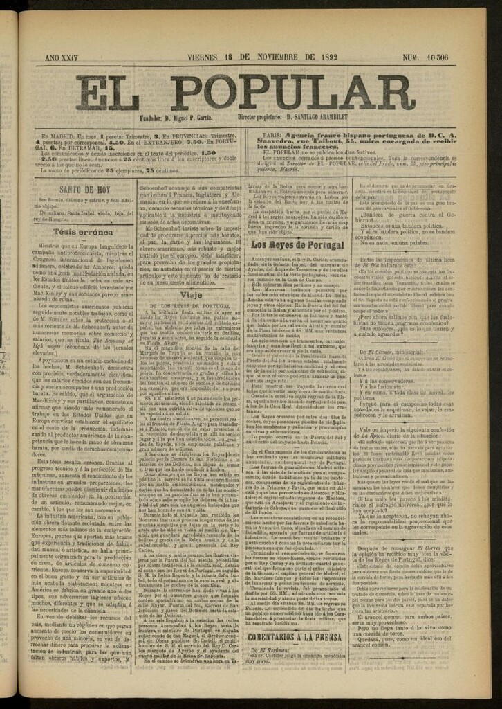 Miniatura de El Popular: diario independiente, político, literario y de noticias de interés general del 18 de noviembre de 1892, nº 10306