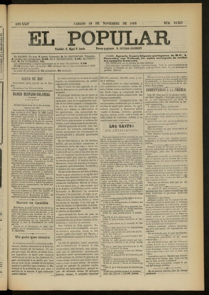 Miniatura de El Popular: diario independiente, político, literario y de noticias de interés general del 19 de noviembre de 1892, nº 10307
