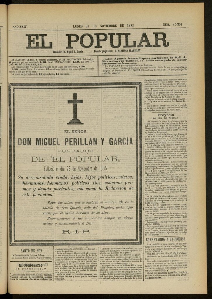 Miniatura de El Popular: diario independiente, político, literario y de noticias de interés general del 21 de noviembre de 1892, nº 10308
