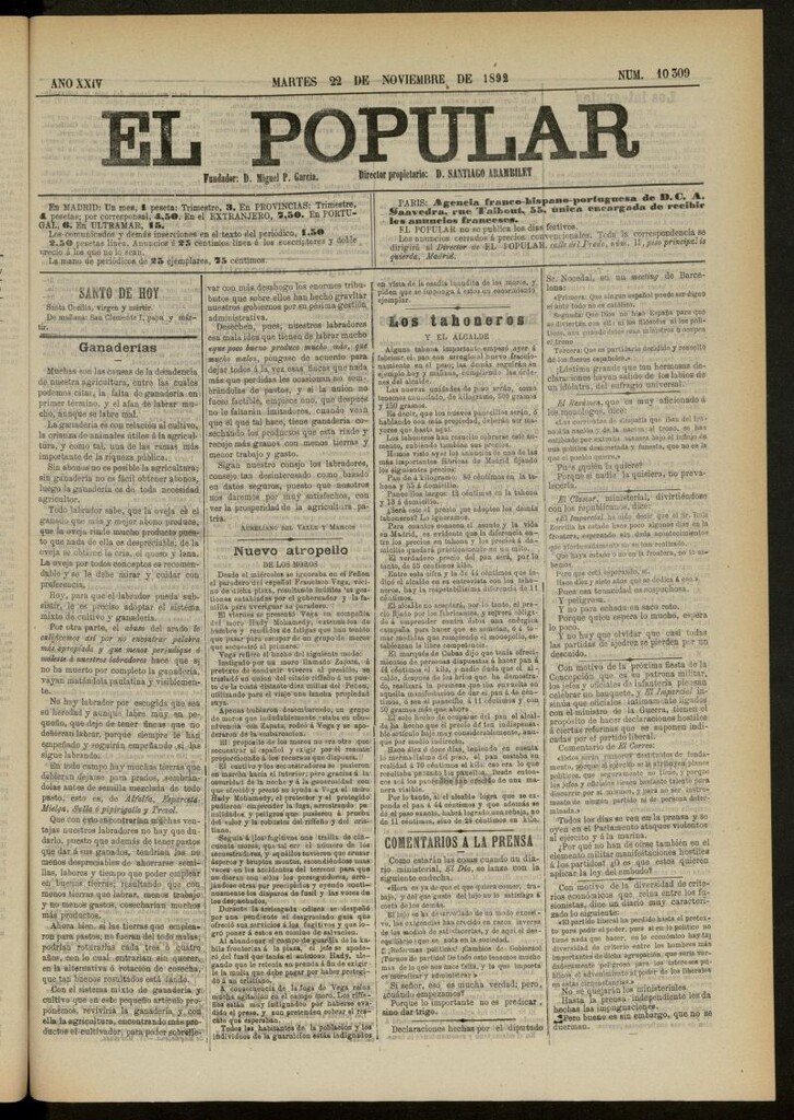 Miniatura de El Popular: diario independiente, político, literario y de noticias de interés general del 22 de noviembre de 1892, nº 10309