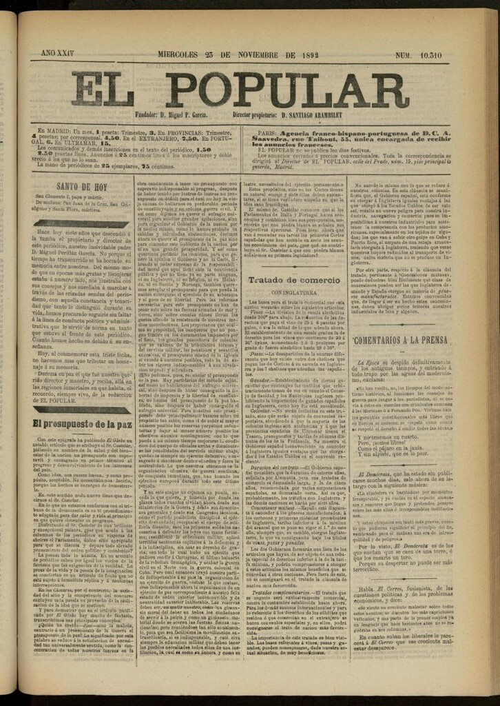Miniatura de El Popular: diario independiente, político, literario y de noticias de interés general del 23 de noviembre de 1892, nº 10310