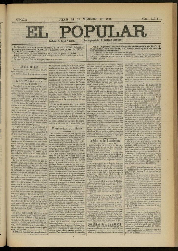 Miniatura de El Popular: diario independiente, político, literario y de noticias de interés general del 24 de noviembre de 1892, nº 10311