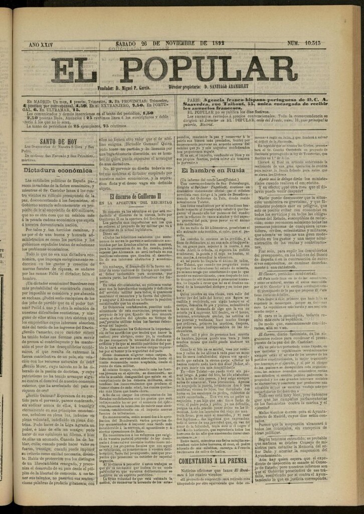 Miniatura de El Popular: diario independiente, político, literario y de noticias de interés general del 26 de noviembre de 1892, nº 10313