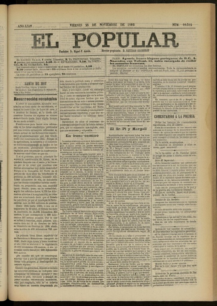 Miniatura de El Popular: diario independiente, político, literario y de noticias de interés general del 25 de noviembre de 1892, nº 10312