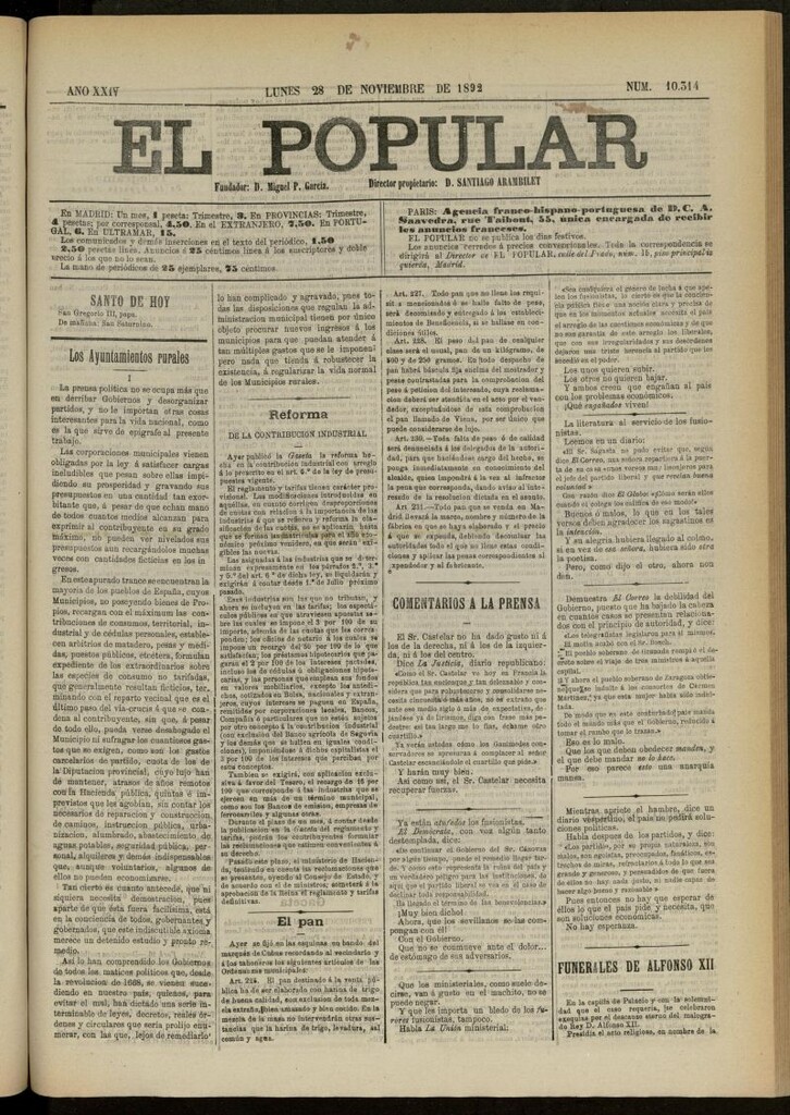 Miniatura de El Popular: diario independiente, político, literario y de noticias de interés general del 28 de noviembre de 1892, nº 10314