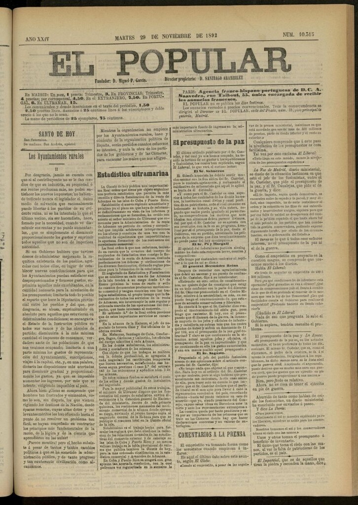 Miniatura de El Popular: diario independiente, político, literario y de noticias de interés general del 29 de noviembre de 1892, nº 10315