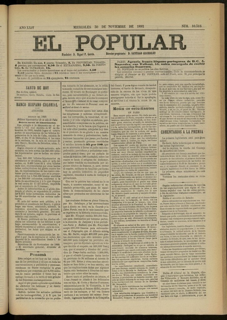 Miniatura de El Popular: diario independiente, político, literario y de noticias de interés general del 30 de noviembre de 1892, nº 10316