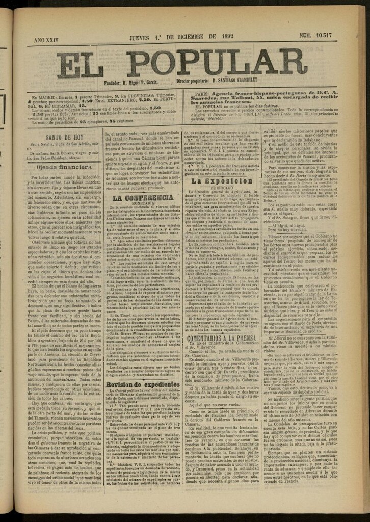 Miniatura de El Popular: diario independiente, político, literario y de noticias de interés general del 1 de diciembre de 1892, nº 10317