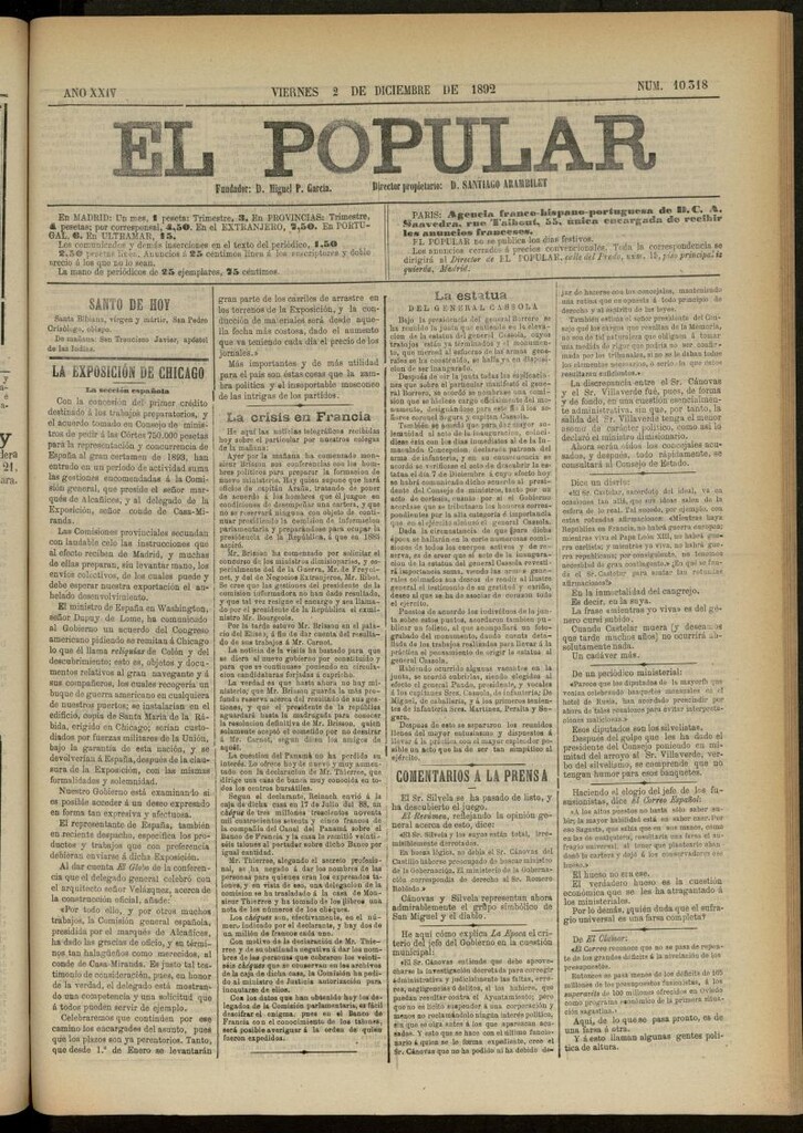 Miniatura de El Popular: diario independiente, político, literario y de noticias de interés general del 2 de diciembre de 1892, nº 10318