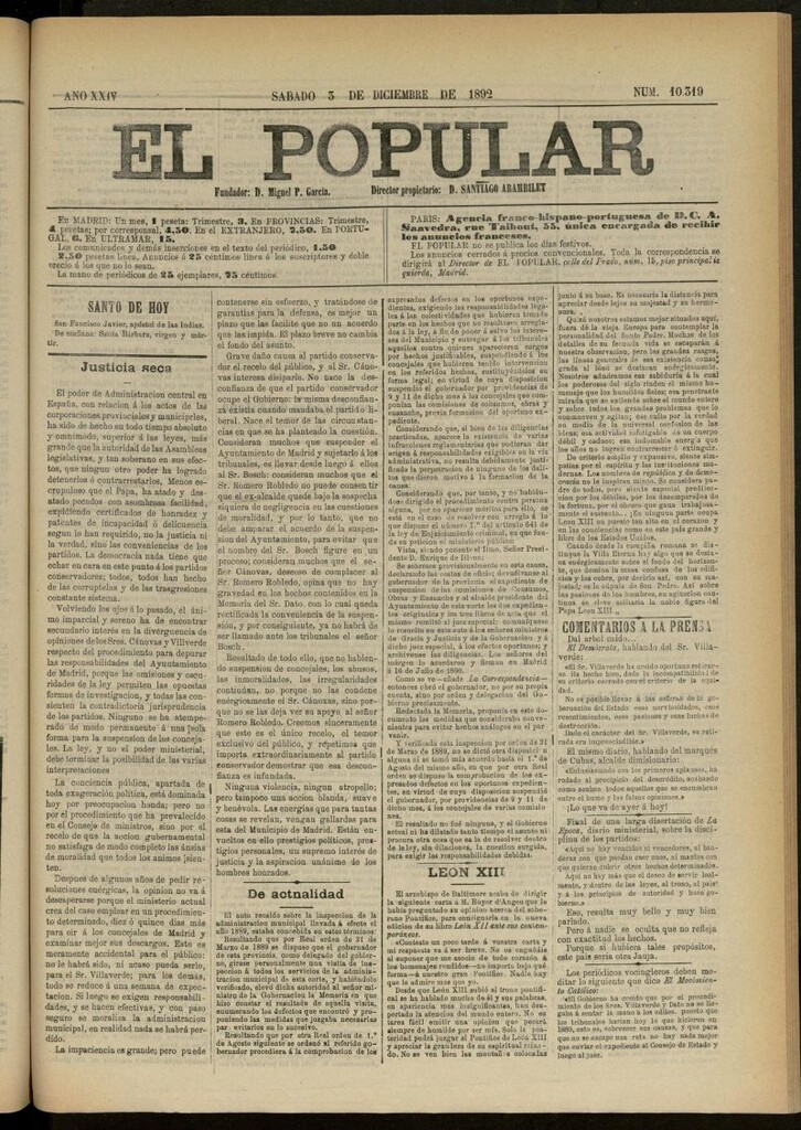 Miniatura de El Popular: diario independiente, político, literario y de noticias de interés general del 3 de diciembre de 1892, nº 10319
