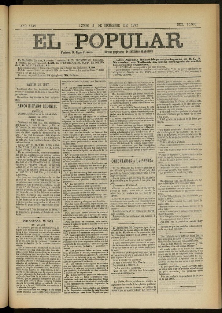 Miniatura de El Popular: diario independiente, político, literario y de noticias de interés general del 5 de diciembre de 1892, nº 10320