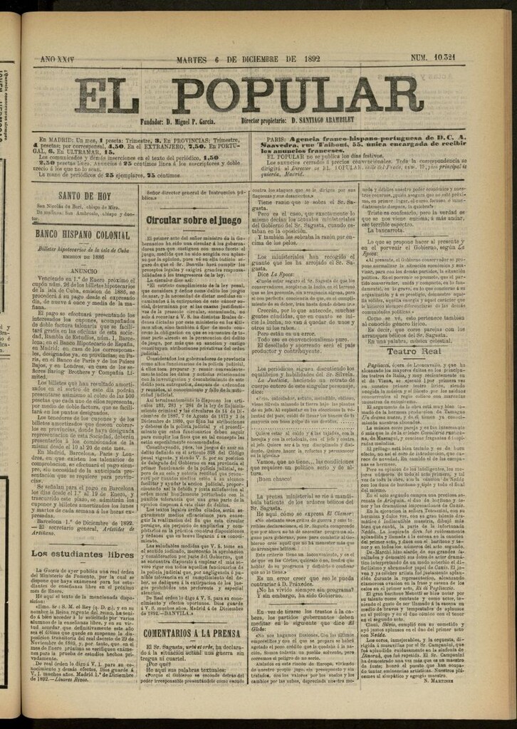 Miniatura de El Popular: diario independiente, político, literario y de noticias de interés general del 6 de diciembre de 1892, nº 10321