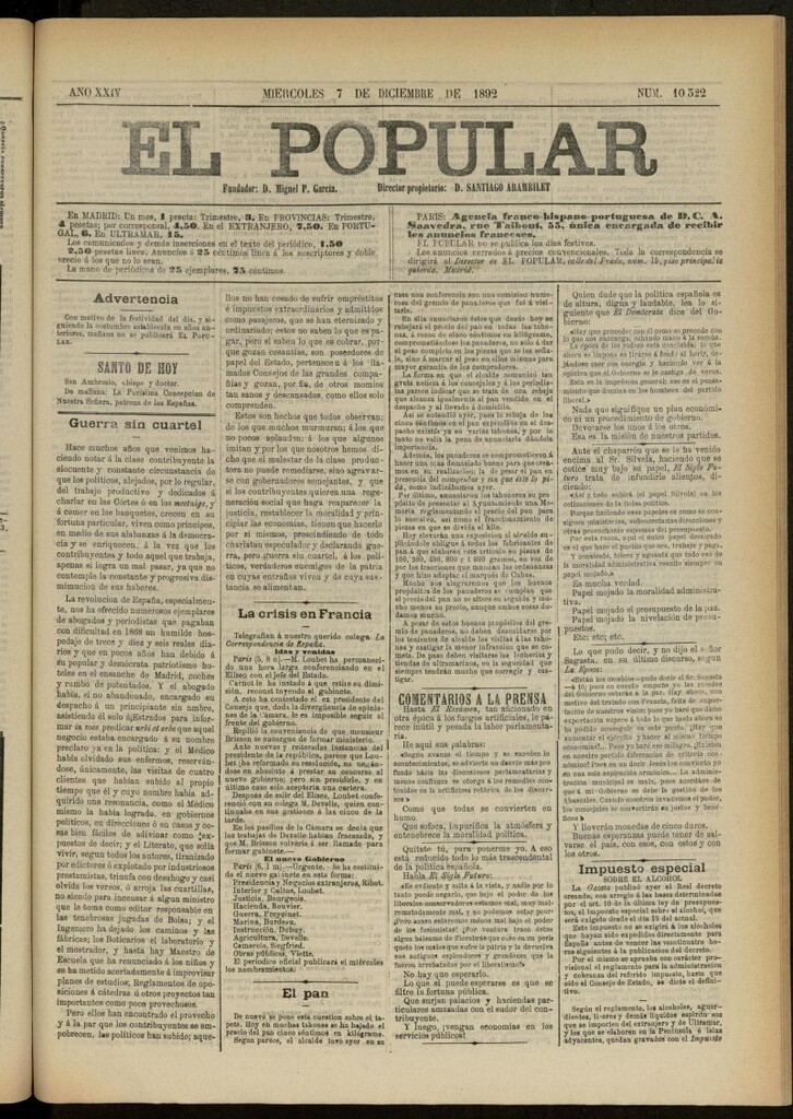 Miniatura de El Popular: diario independiente, político, literario y de noticias de interés general del 7 de diciembre de 1892, nº 10322