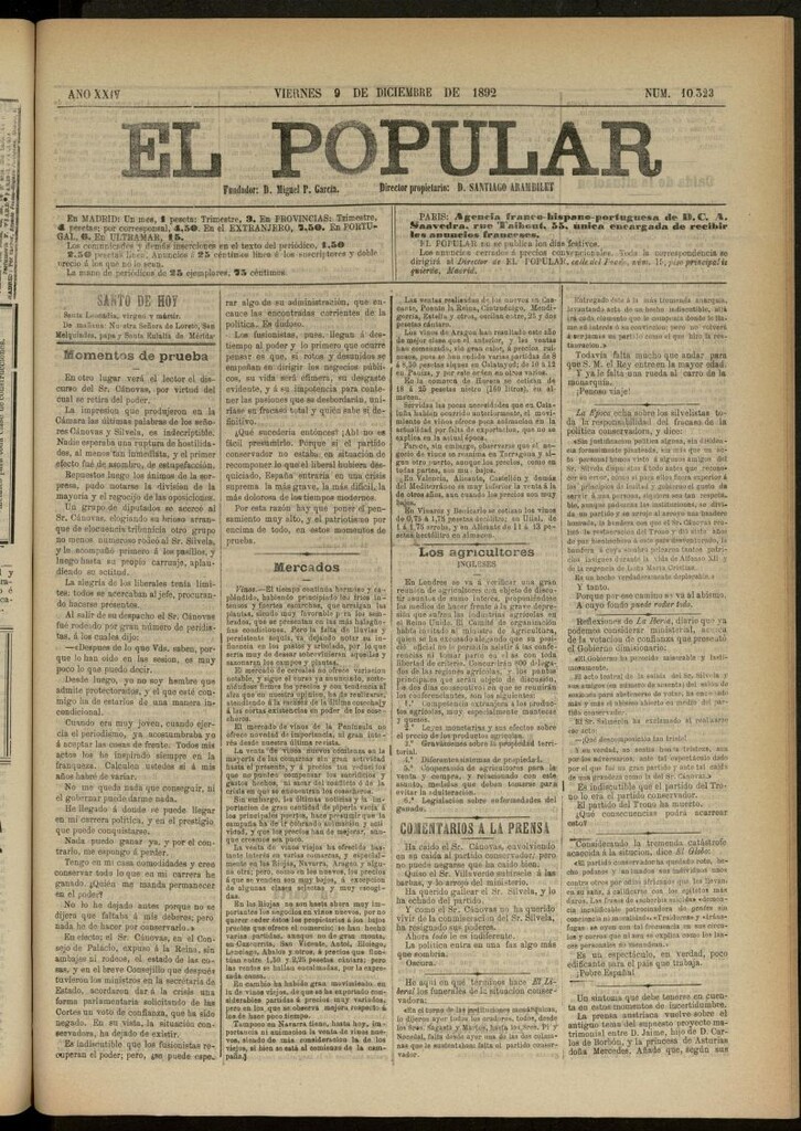 Miniatura de El Popular: diario independiente, político, literario y de noticias de interés general del 9 de diciembre de 1892, nº 10323