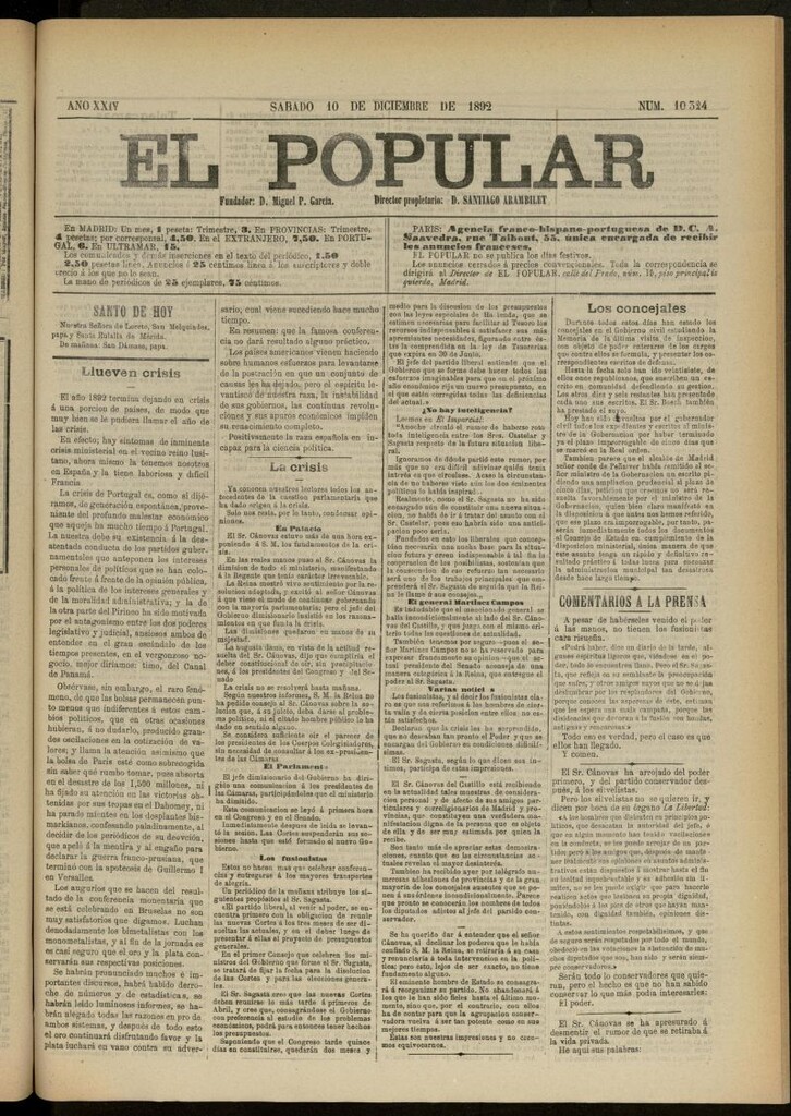 Miniatura de El Popular: diario independiente, político, literario y de noticias de interés general del 10 de diciembre de 1892, nº 10324