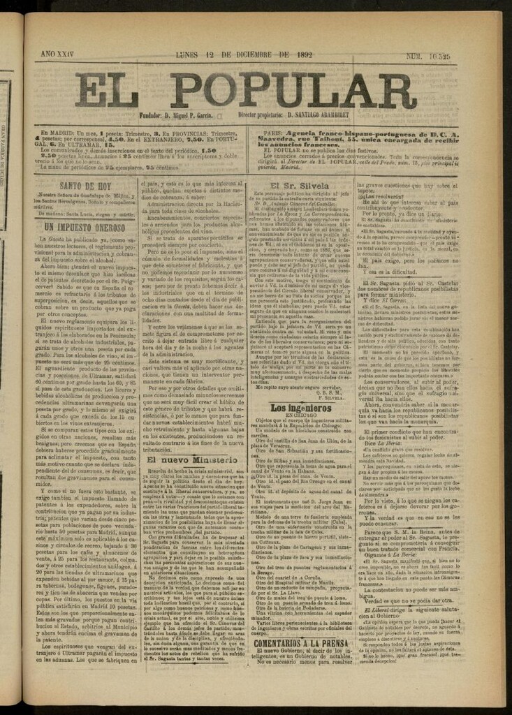 Miniatura de El Popular: diario independiente, político, literario y de noticias de interés general del 12 de diciembre de 1892, nº 10325