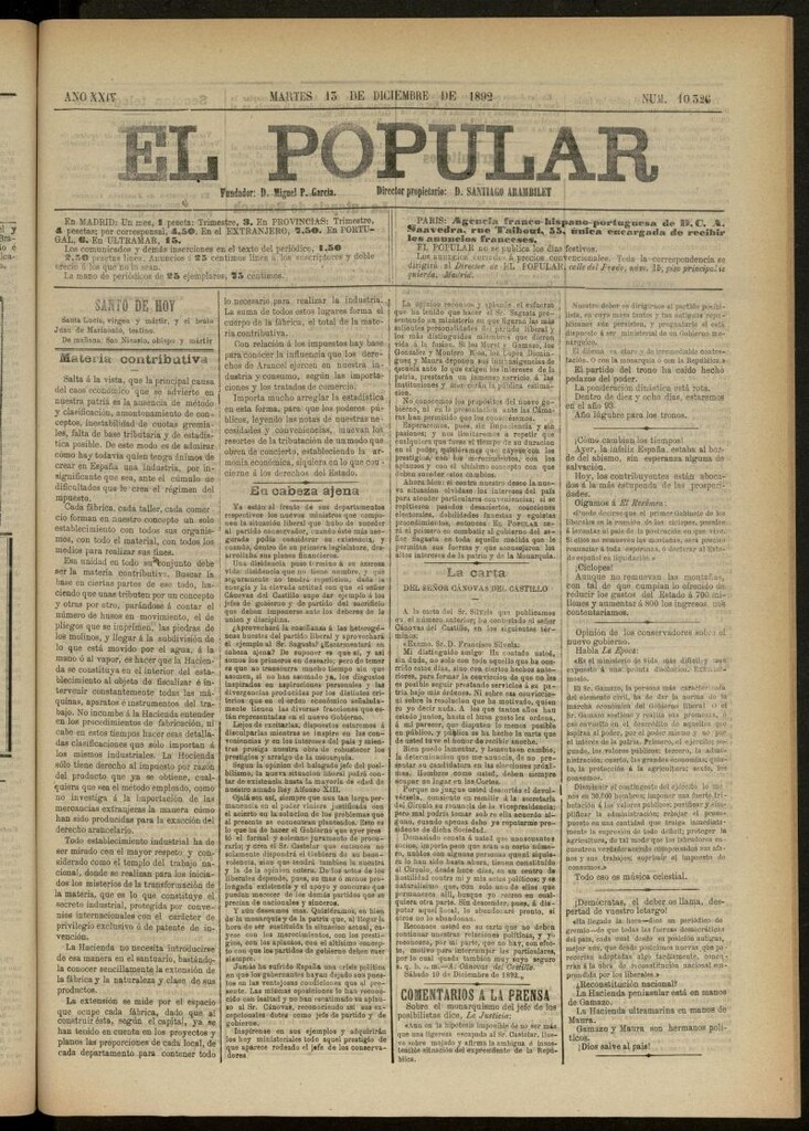 Miniatura de El Popular: diario independiente, político, literario y de noticias de interés general del 13 de diciembre de 1892, nº 10326