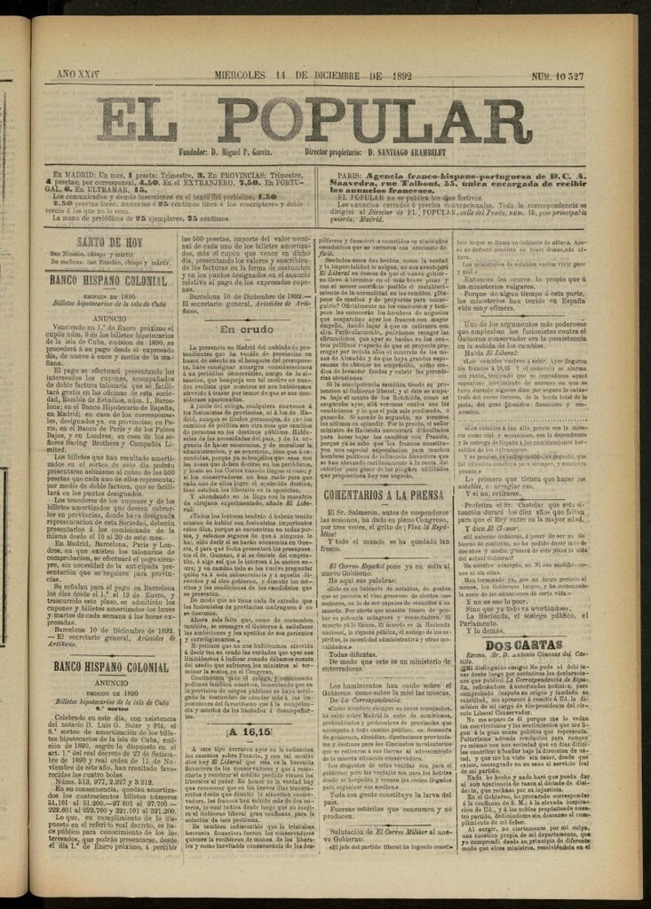 Miniatura de El Popular: diario independiente, político, literario y de noticias de interés general del 14 de diciembre de 1892, nº 10327