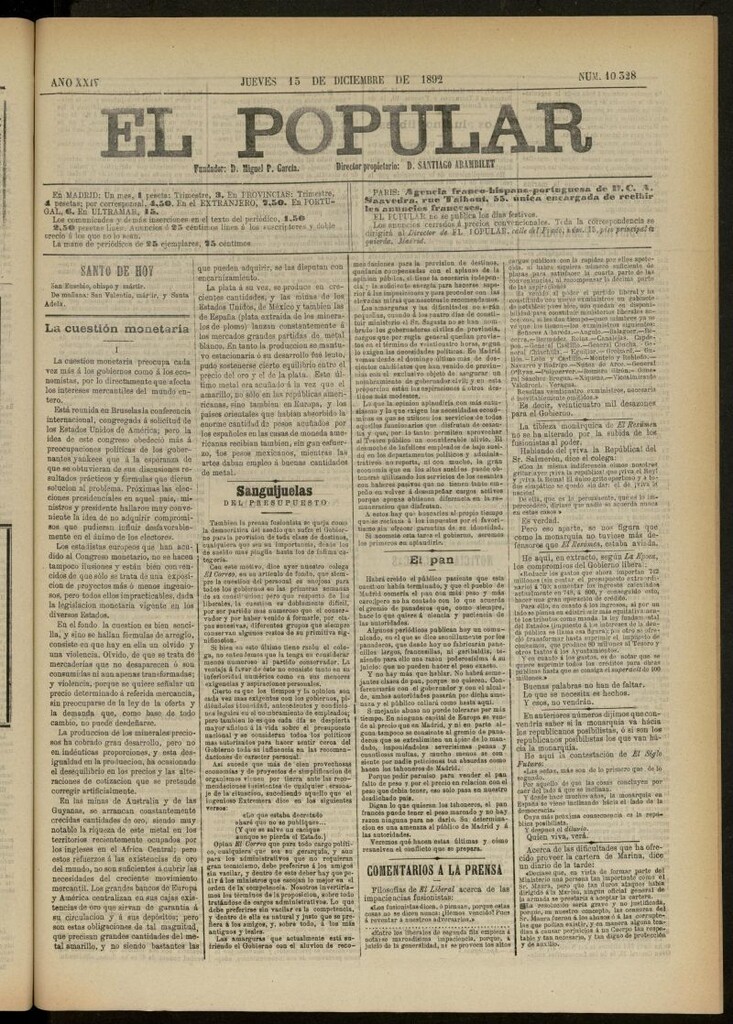Miniatura de El Popular: diario independiente, político, literario y de noticias de interés general del 15 de diciembre de 1892, nº 10328