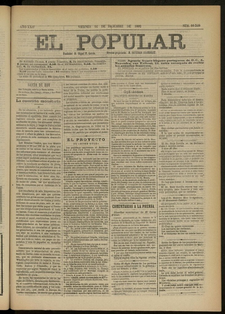 Miniatura de El Popular: diario independiente, político, literario y de noticias de interés general del 16 de diciembre de 1892, nº 10329