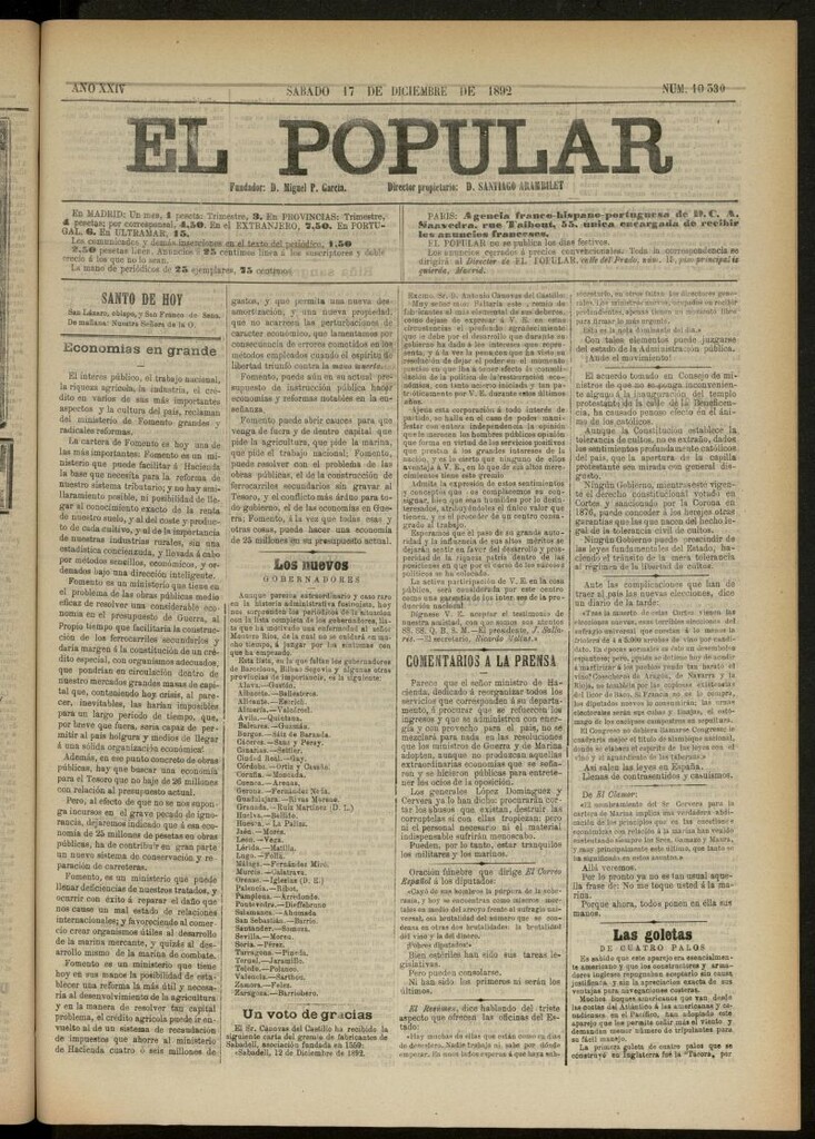 Miniatura de El Popular: diario independiente, político, literario y de noticias de interés general del 17 de diciembre de 1892, nº 10330