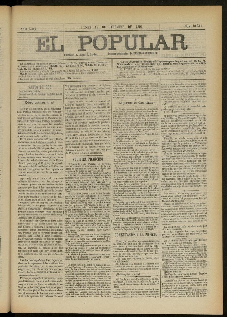 Miniatura de El Popular: diario independiente, político, literario y de noticias de interés general del 19 de diciembre de 1892, nº 10331