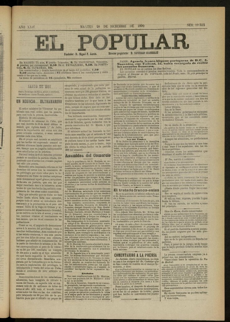 Miniatura de El Popular: diario independiente, político, literario y de noticias de interés general del 20 de diciembre de 1892, nº 10332