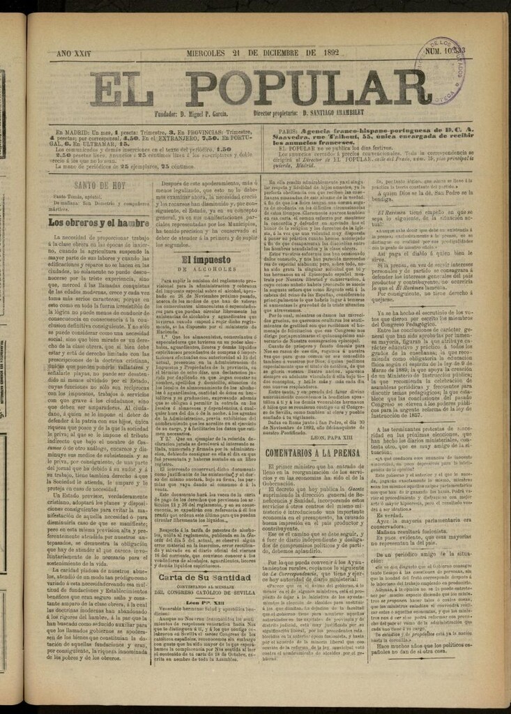Miniatura de El Popular: diario independiente, político, literario y de noticias de interés general del 21 de diciembre de 1892, nº 10333