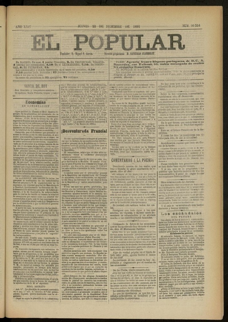 Miniatura de El Popular: diario independiente, político, literario y de noticias de interés general del 22 de diciembre de 1892, nº 10334