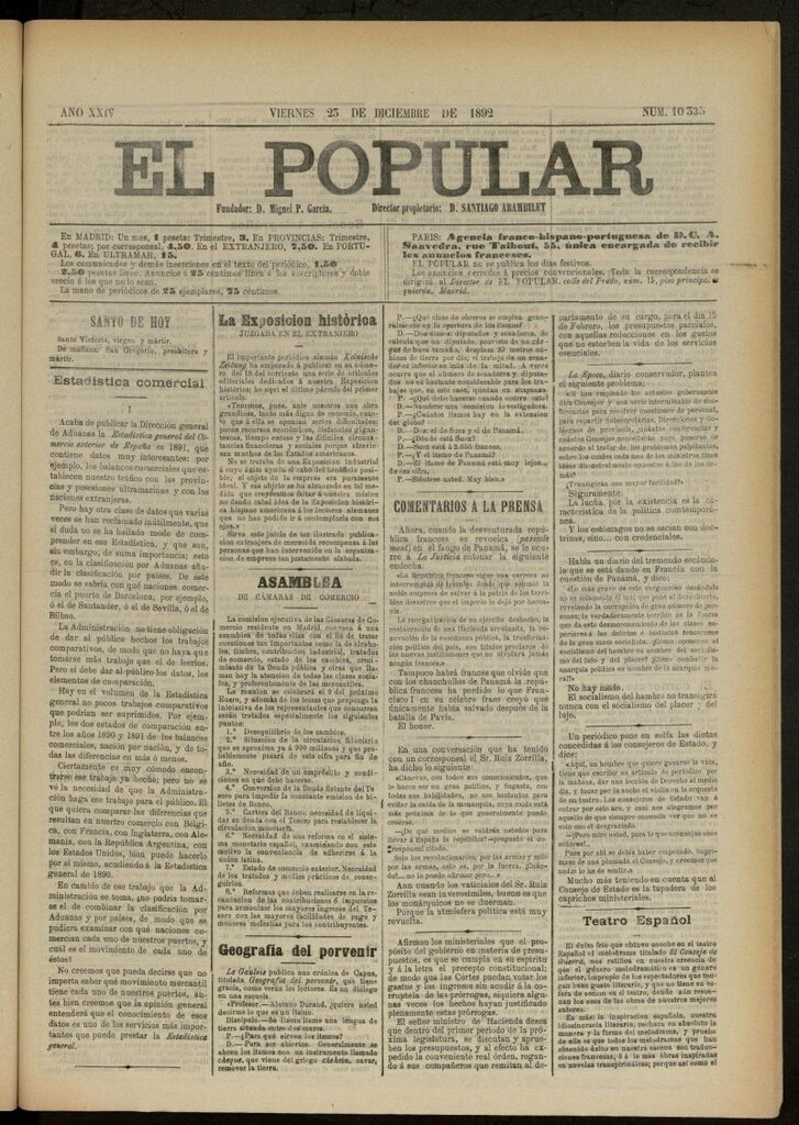 Miniatura de El Popular: diario independiente, político, literario y de noticias de interés general del 23 de diciembre de 1892, nº 10335