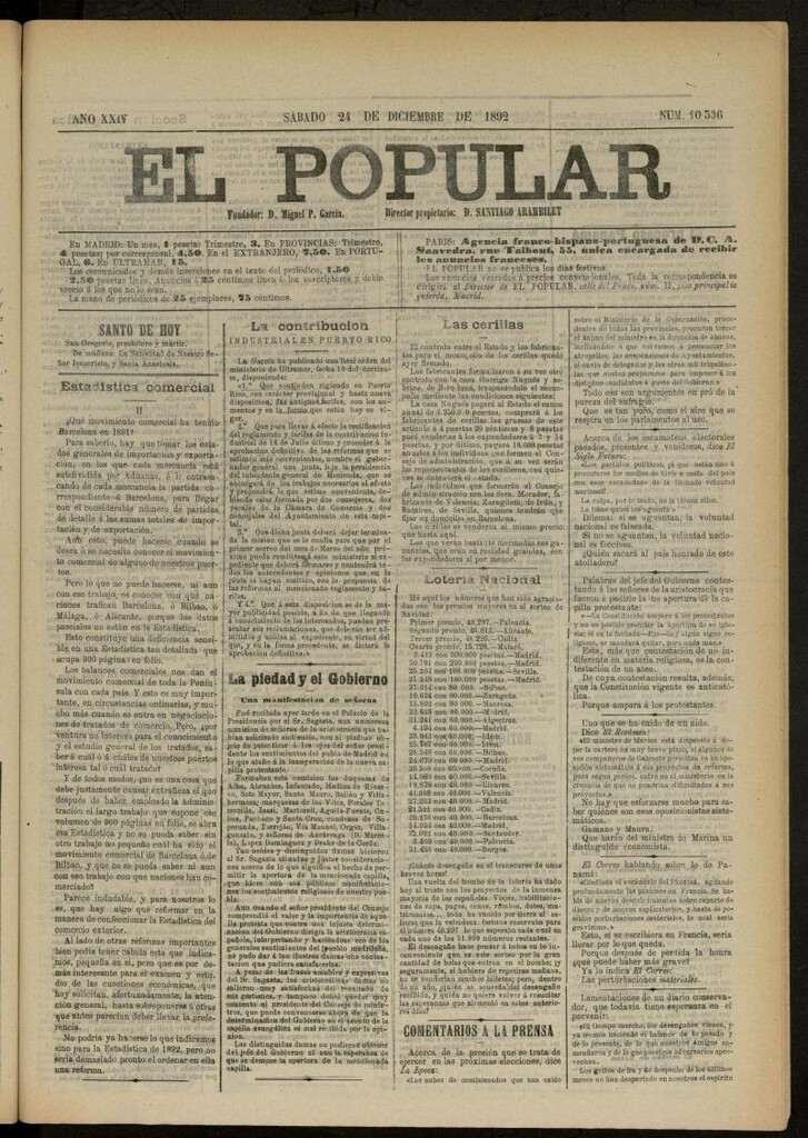 Miniatura de El Popular: diario independiente, político, literario y de noticias de interés general del 24 de diciembre de 1892, nº 10336